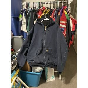 Size 3XL- VTG Carhartt J131 Thermal Mesh Lined Duck Canvas Hooded Jacket Navy